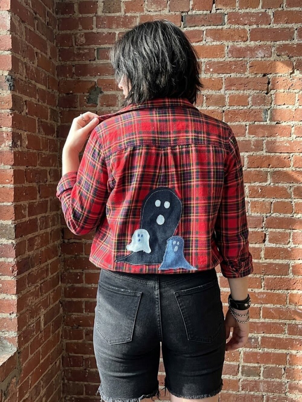 Old Navy Red Plaid Flannel Large Upcycled Halloween Ghost Appliqué Handmade